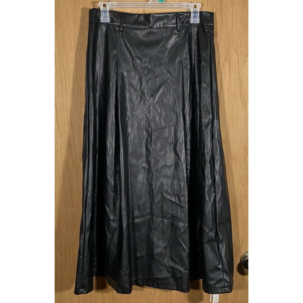 Women's XL Faux Leather Black Flared Midi Skirt Office Siren Goth Vamp Punk NWT